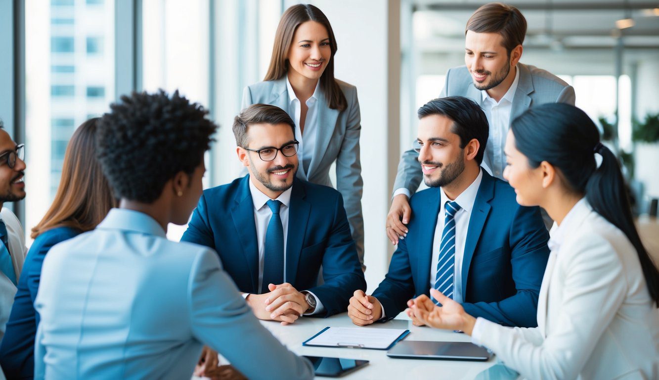 Un gruppo di persone in abbigliamento da lavoro che discutono e collaborano attorno a un tavolo in un ambiente d'ufficio moderno.