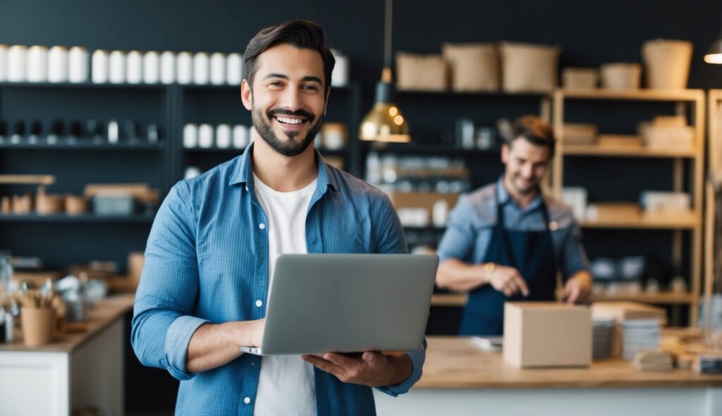 Un imprenditore felice che avvia una nuova attività, con un sorriso che esprime soddisfazione e ottimismo. Sullo sfondo, un negozio o un laboratorio artigianale ben organizzato.