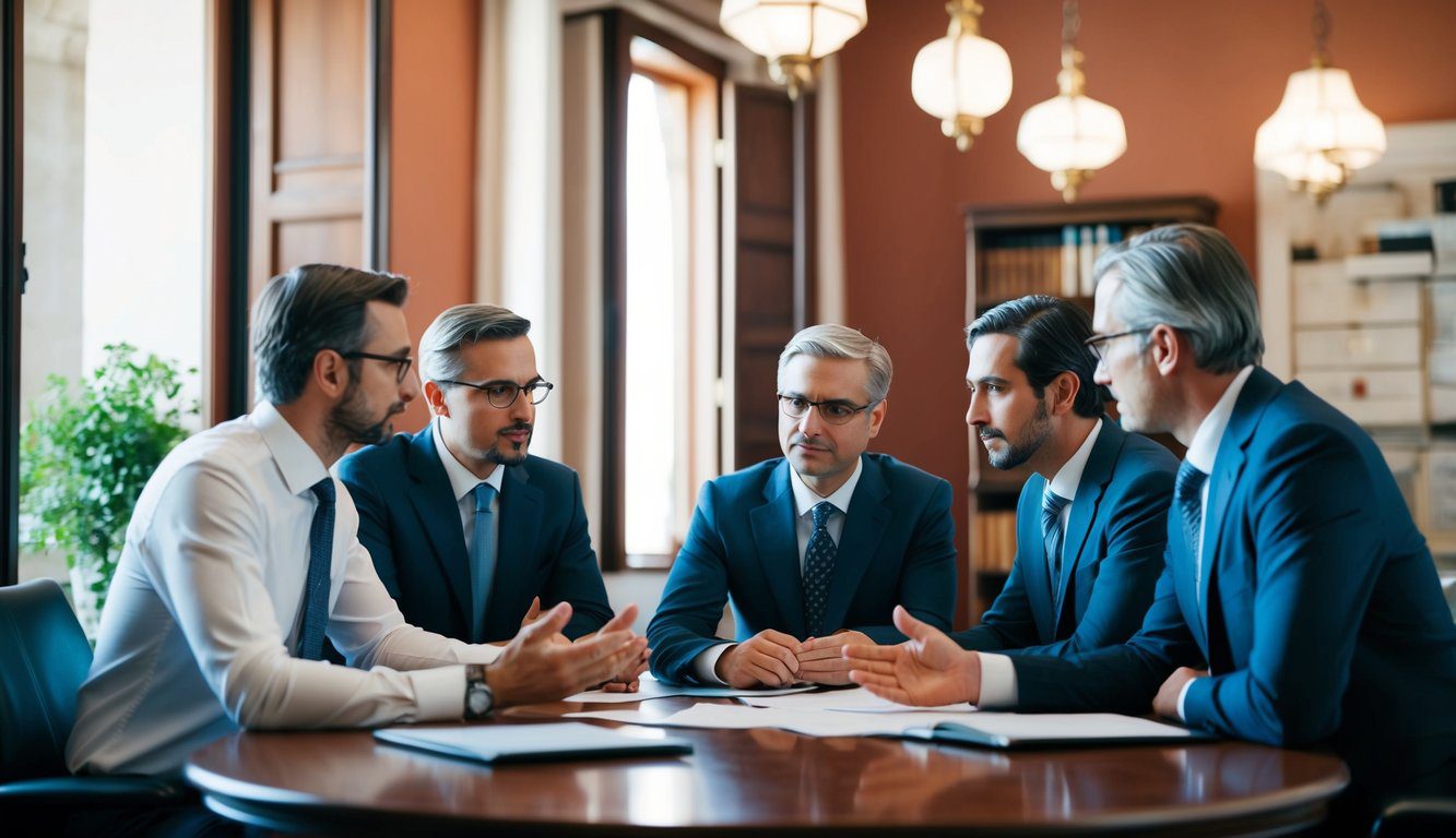 Un gruppo di partner commerciali che discutono e prendono decisioni in un tradizionale ufficio italiano.