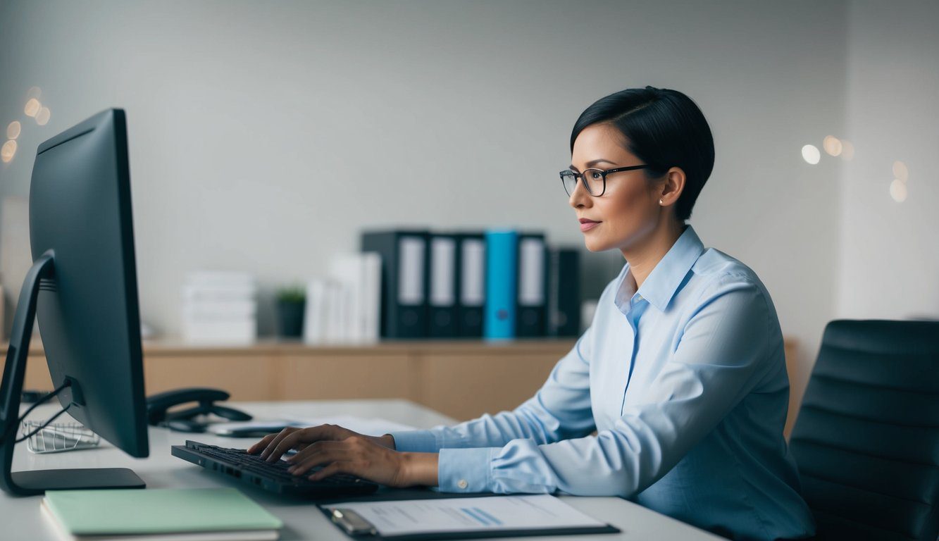 Una persona sola che lavora a una scrivania con un computer, documenti e un telefono. La persona appare concentrata e organizzata, con un atteggiamento professionale.