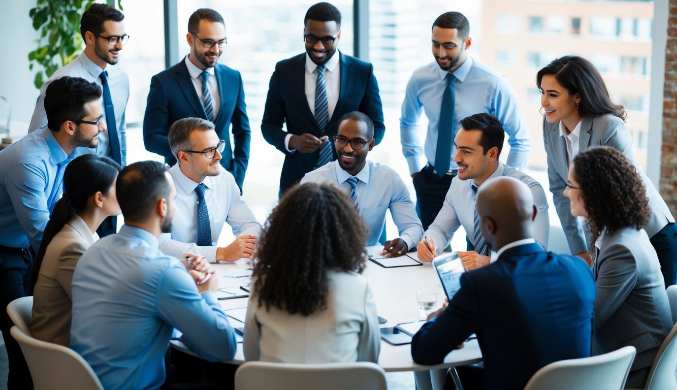 Un gruppo di professionisti diversi si riunisce attorno a un tavolo, discutendo e scambiando idee. Un senso di collaborazione e lavoro di squadra è evidente nell'atmosfera.