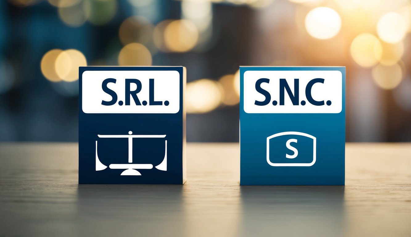 Due entità aziendali, S.r.l e S.n.c, rappresentate con loghi e simboli distinti, che illustrano le loro differenze e implicazioni