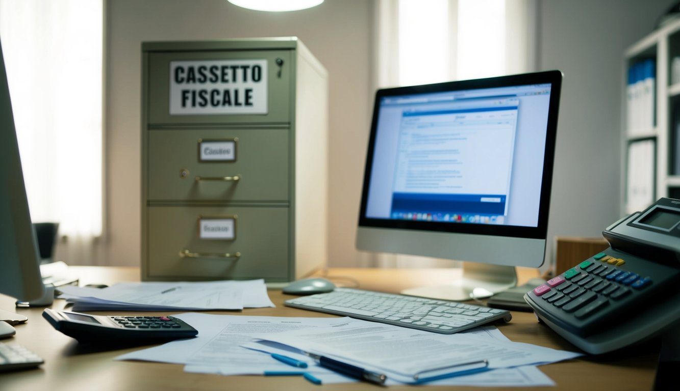 Una scrivania disordinata con un computer, documenti e una calcolatrice. Un armadio per file etichettato "Cassetto Fiscale" si trova sullo sfondo.