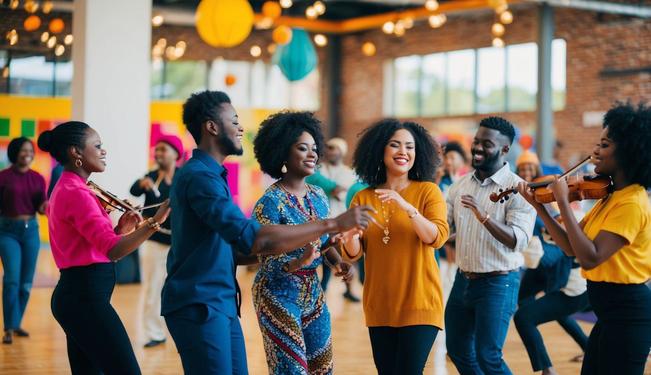 Tipologie di Associazioni: Quali sono, Quante Sono, Quale Scegliere e Come Aprirle (2025) 7 Un gruppo di persone impegnate in attività culturali, come musica, danza e arte, all'interno di un contesto comunitario vivace e diversificato.