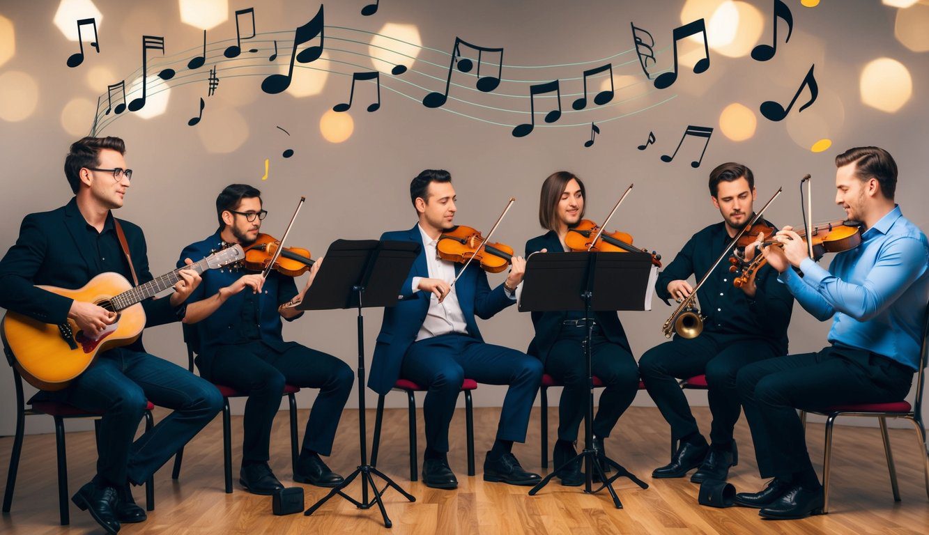 Tipologie di Associazioni: Quali sono, Quante Sono, Quale Scegliere e Come Aprirle (2025) 8 Un gruppo di musicisti che suonano vari strumenti in un contesto di band, con note musicali che fluttuano nell'aria intorno a loro