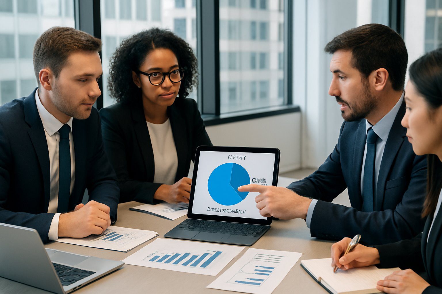 Società Semplice: Cos'è, Caratteristiche, Costituzione, Costi, Tassazione e Obblighi (2025) 8 Un gruppo di professionisti in una riunione d'affari che discutono documenti finanziari e grafici attorno a un tavolo in un ufficio moderno.