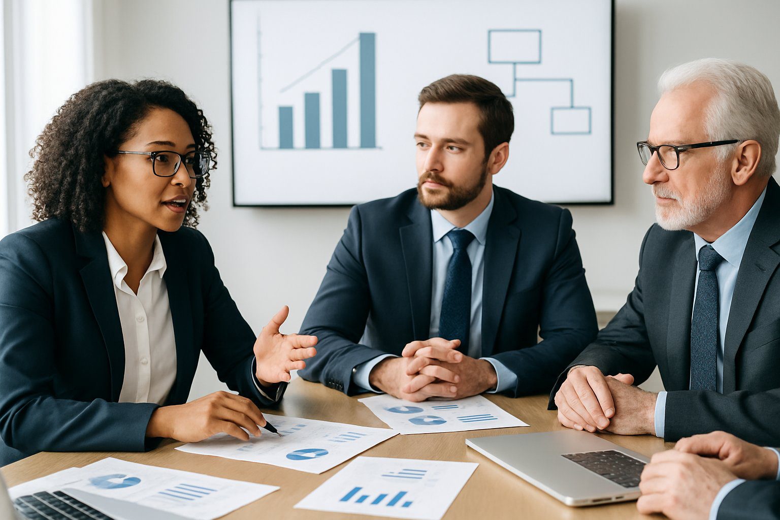 Società Semplice: Cos'è, Caratteristiche, Costituzione, Costi, Tassazione e Obblighi (2025) 10 Persone in ufficio che discutono attorno a un tavolo con documenti e laptop, con grafici sullo sfondo.
