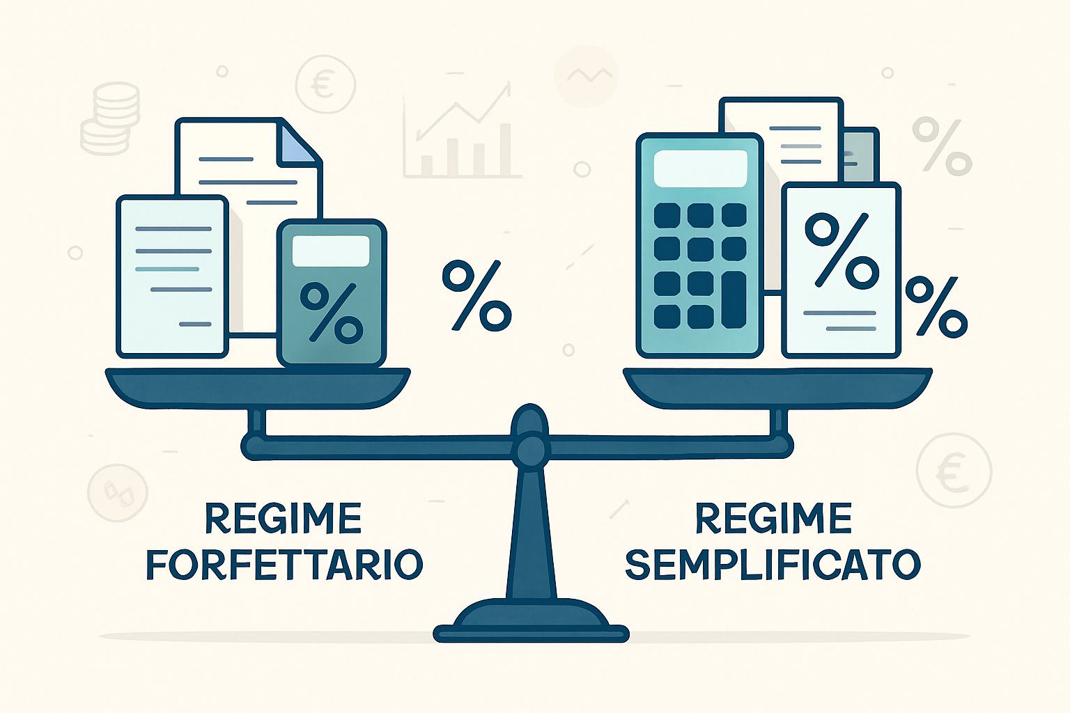 Alternative al Regime Semplificato: Quali Sono e Quale Regime Fiscale Scegliere? 3 Bilanci o grafici che mostrano il confronto tra due regimi fiscali, con simboli di semplicità da un lato e documenti più dettagliati dall'altro.