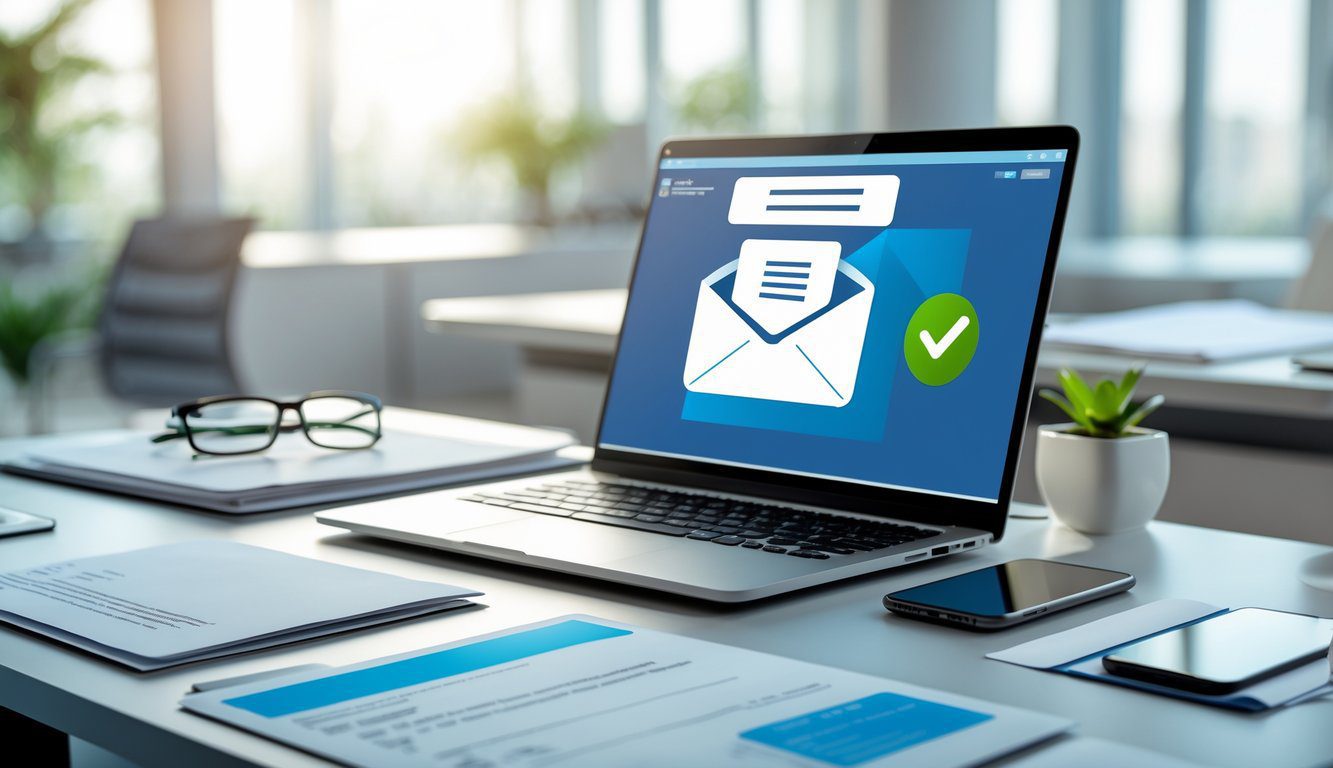 Le 11+ Migliori PEC Per Privati, Professionisti e Aziende Del 2025 (Gratuite e a Pagamento) 1 Una scrivania d'ufficio con un laptop aperto che mostra un'interfaccia email e documenti ordinati intorno.