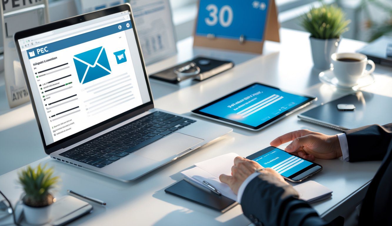 Le 11+ Migliori PEC Per Privati, Professionisti e Aziende Del 2025 (Gratuite e a Pagamento) 2 Scrivania moderna con laptop, smartphone e tablet che mostrano un'interfaccia di comunicazione digitale, con un calendario che indica il giorno 30 e oggetti da ufficio sullo sfondo.