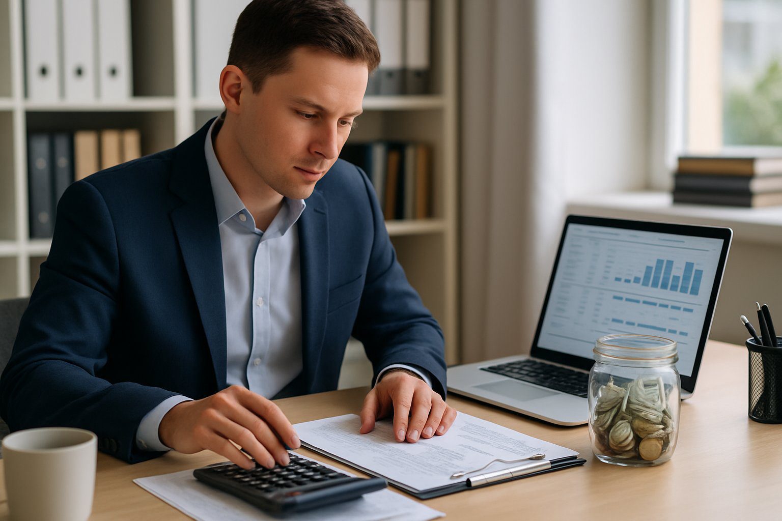 Principio di Cassa: Cos'è, Come Funziona, Come Gestirlo, Applicabilità e Pro e Contro (2025) 1 Un professionista finanziario che lavora a una scrivania con documenti, un calcolatore, un laptop e un barattolo trasparente con denaro contante in un ufficio luminoso.