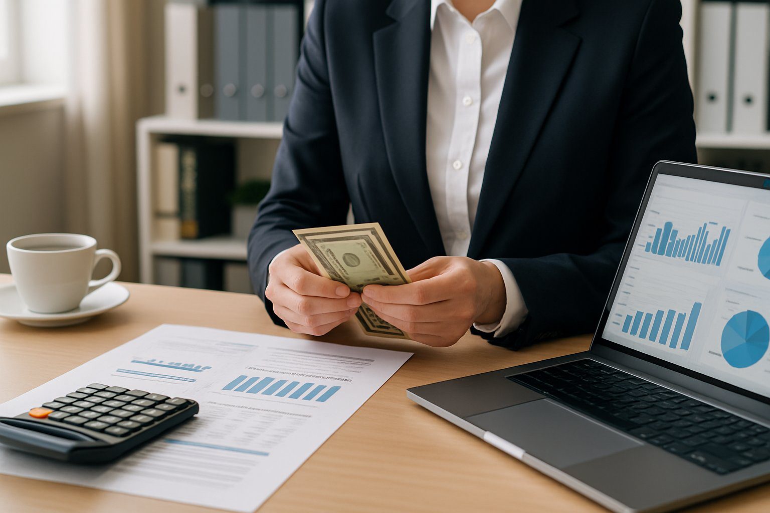 Principio di Cassa: Cos'è, Come Funziona, Come Gestirlo, Applicabilità e Pro e Contro (2025) 2 Persona in ufficio che conta contanti su una scrivania con laptop e documenti finanziari.