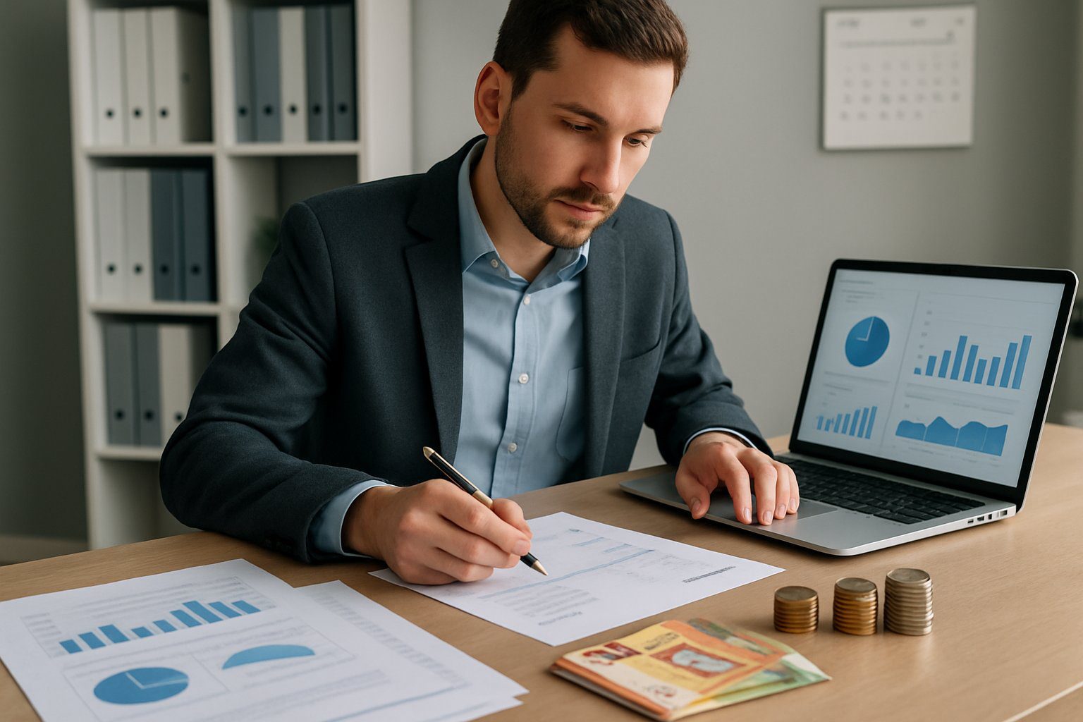 Principio di Cassa: Cos'è, Come Funziona, Come Gestirlo, Applicabilità e Pro e Contro (2025) 4 Professionista seduto a una scrivania con documenti finanziari, monete e banconote, in un ufficio ordinato mentre analizza grafici su un laptop.