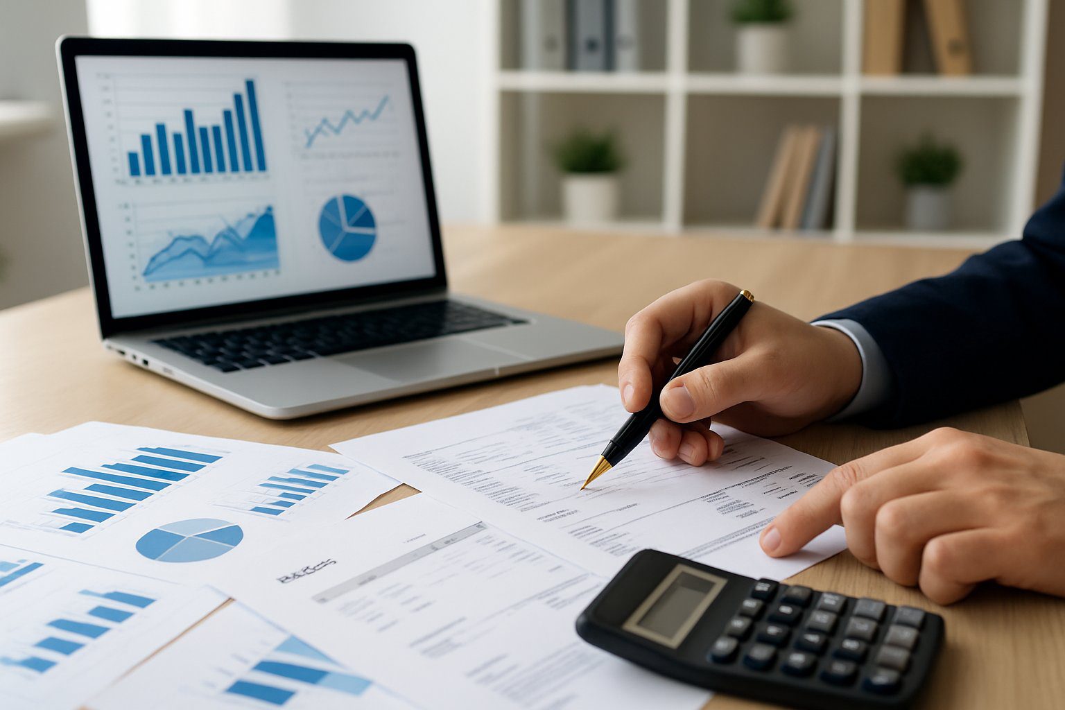 Principio di Cassa: Cos'è, Come Funziona, Come Gestirlo, Applicabilità e Pro e Contro (2025) 5 Scrivania d'ufficio con laptop, calcolatrice e documenti finanziari mentre una persona analizza i dati con una penna.