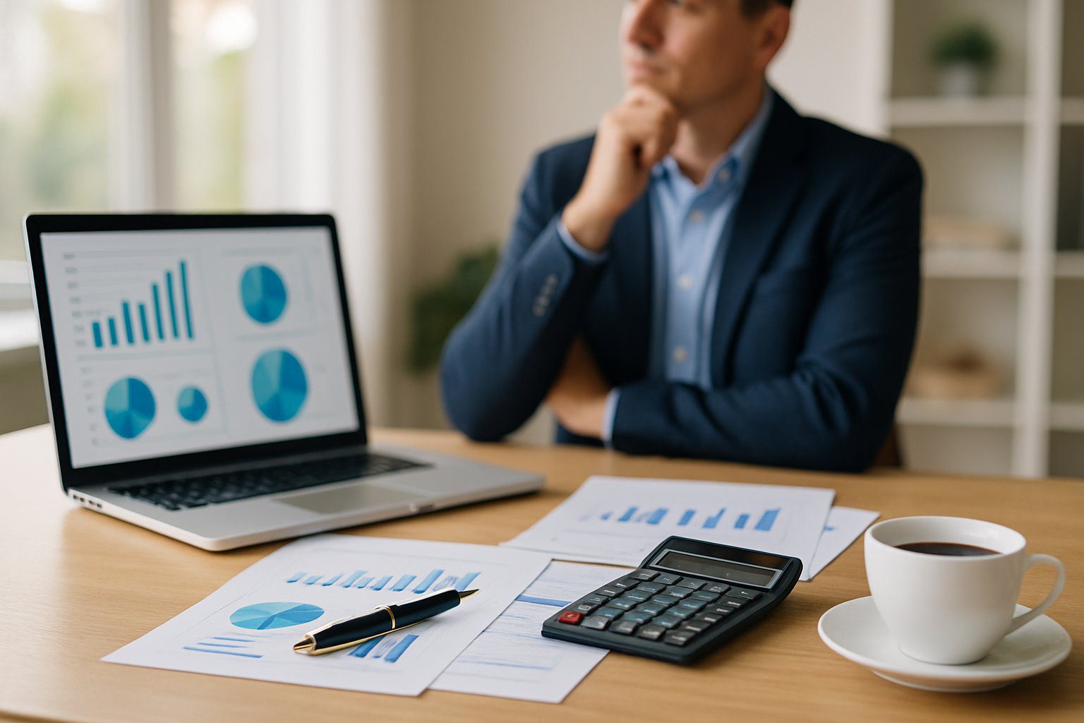 Principio di Cassa: Cos'è, Come Funziona, Come Gestirlo, Applicabilità e Pro e Contro (2025) 6 Una persona in ufficio che analizza documenti finanziari su una scrivania ordinata con laptop, calcolatrice e tazza di caffè.