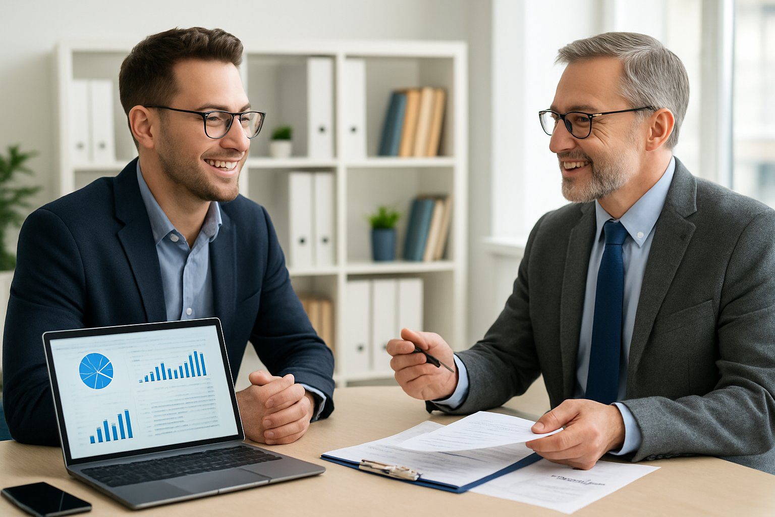 Principio di Cassa: Cos'è, Come Funziona, Come Gestirlo, Applicabilità e Pro e Contro (2025) 10 Una persona che consulta un commercialista in un ufficio moderno con laptop e documenti finanziari sul tavolo.