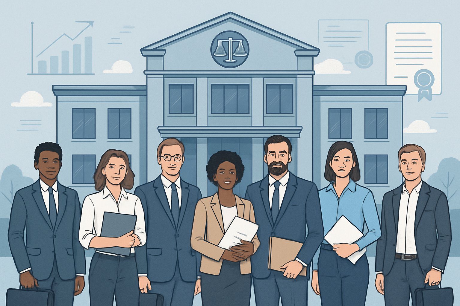 Diritto Camerale: Cos'è, Come Funziona, Importi, Scadenze, Soggetti Obbligati e Sanzioni (2025) 2 Un gruppo di persone d'affari in abiti formali davanti a un edificio moderno che rappresenta una Camera di Commercio, con documenti e valigette in mano.