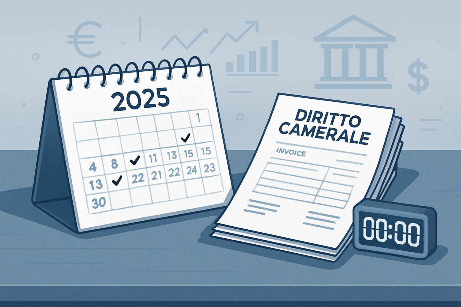 Diritto Camerale: Cos'è, Come Funziona, Importi, Scadenze, Soggetti Obbligati e Sanzioni (2025) 4 Scrivania d'ufficio con calendario aperto sul 2025, documenti ufficiali impilati e simboli finanziari che rappresentano il pagamento annuale della Camera di Commercio.