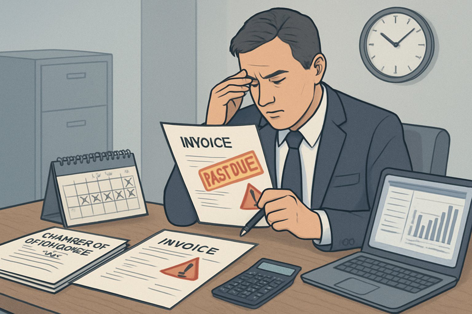 Diritto Camerale: Cos'è, Come Funziona, Importi, Scadenze, Soggetti Obbligati e Sanzioni (2025) 5 Una persona d'affari che esamina documenti e fatture su una scrivania con un calendario, un orologio e un computer, mostrando preoccupazione per pagamenti in ritardo e sanzioni.