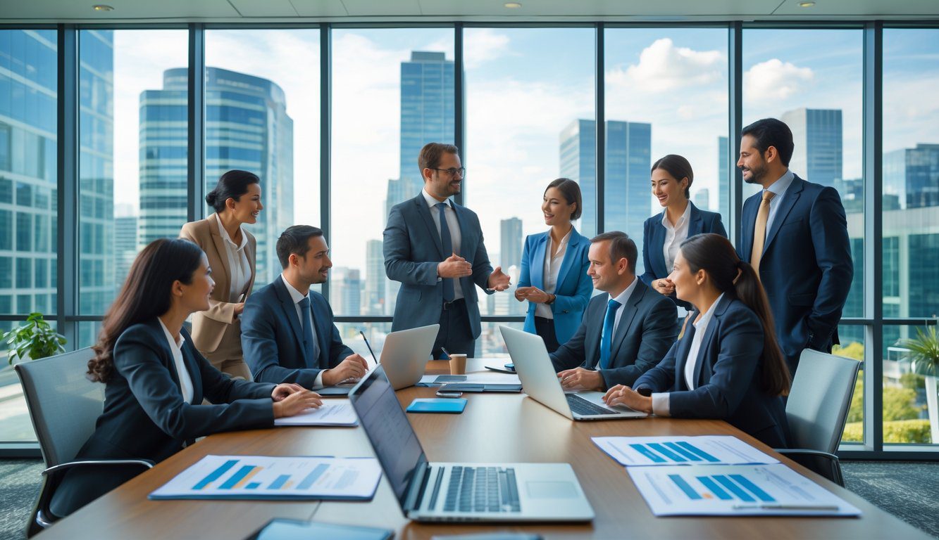 Holding: Cos'è, Come Funziona, Tipologie, Costituzione, Struttura, Gestione, Tassazione, Vantaggi e Svantaggi (2025) 2 Persone in un ufficio moderno che partecipano a una riunione di lavoro intorno a un tavolo con laptop e documenti, con una vista della città attraverso grandi finestre.