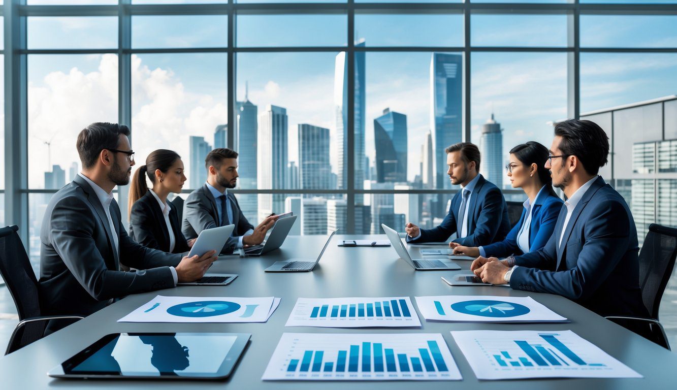Holding: Cos'è, Come Funziona, Tipologie, Costituzione, Struttura, Gestione, Tassazione, Vantaggi e Svantaggi (2025) 3 Persone in abiti formali riunite attorno a un tavolo da conferenza con dispositivi digitali e grafici finanziari, con uno skyline urbano sullo sfondo.
