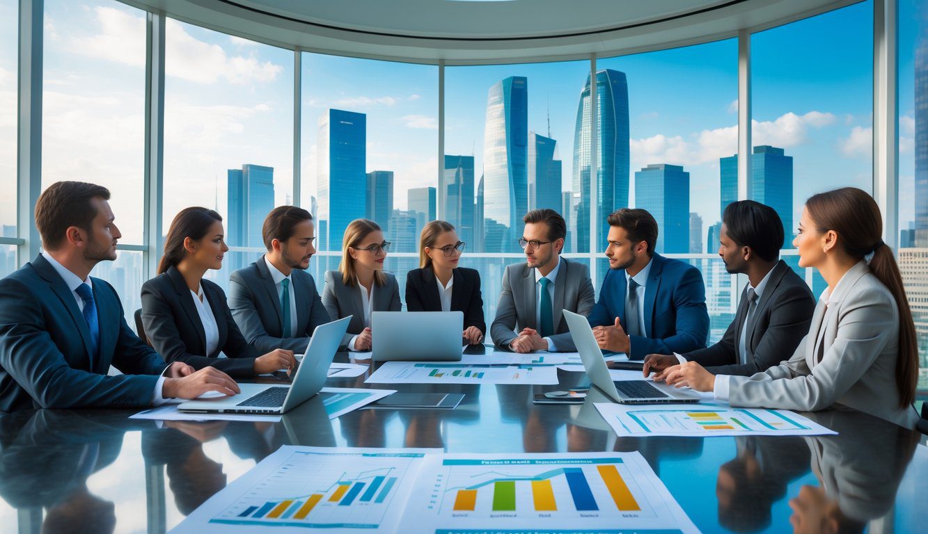 Tipologie Di Holding: Quali Sono, Quante Sono e Quale Scegliere? (2025) 1 Un gruppo di professionisti in una riunione di lavoro in un ufficio moderno con vista sulla città.