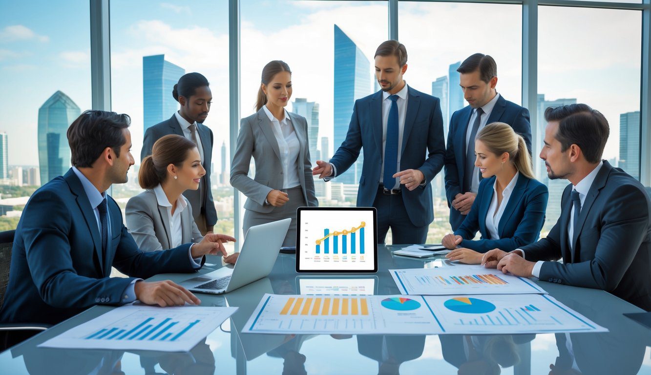 Holding: Cos'è, Come Funziona, Tipologie, Costituzione, Struttura, Gestione, Tassazione, Vantaggi e Svantaggi (2025) 4 Persone d'affari in riunione intorno a un tavolo in un ufficio moderno con vista sulla città, discutendo strategie aziendali.