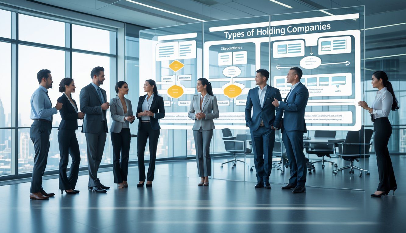 Tipologie Di Holding: Quali Sono, Quante Sono e Quale Scegliere? (2025) 2 Un gruppo di professionisti in un ufficio moderno che collaborano davanti a una lavagna con diagrammi astratti che rappresentano la struttura di holding aziendali.
