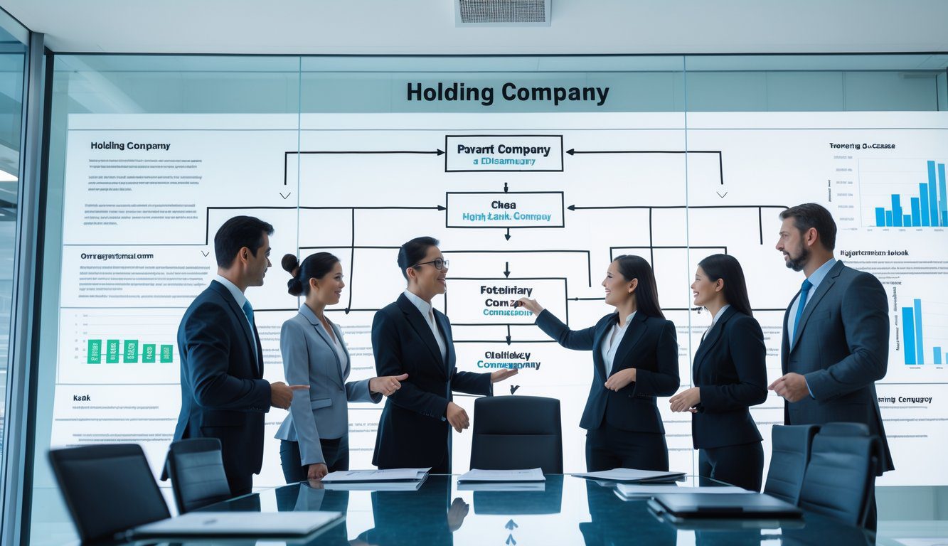 Holding: Cos'è, Come Funziona, Tipologie, Costituzione, Struttura, Gestione, Tassazione, Vantaggi e Svantaggi (2025) 5 Ufficio aziendale con professionisti che discutono davanti a un grafico organizzativo di una holding aziendale.