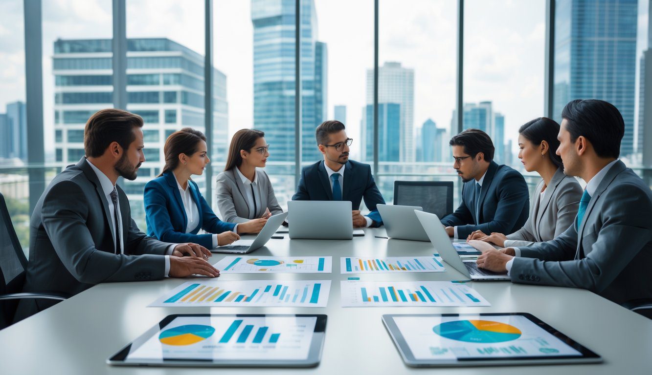 Tipologie Di Holding: Quali Sono, Quante Sono e Quale Scegliere? (2025) 3 Un gruppo di professionisti in abiti formali riuniti intorno a un tavolo da conferenza in un ufficio moderno con vista sulla città, intenti a discutere e analizzare documenti e dispositivi elettronici.