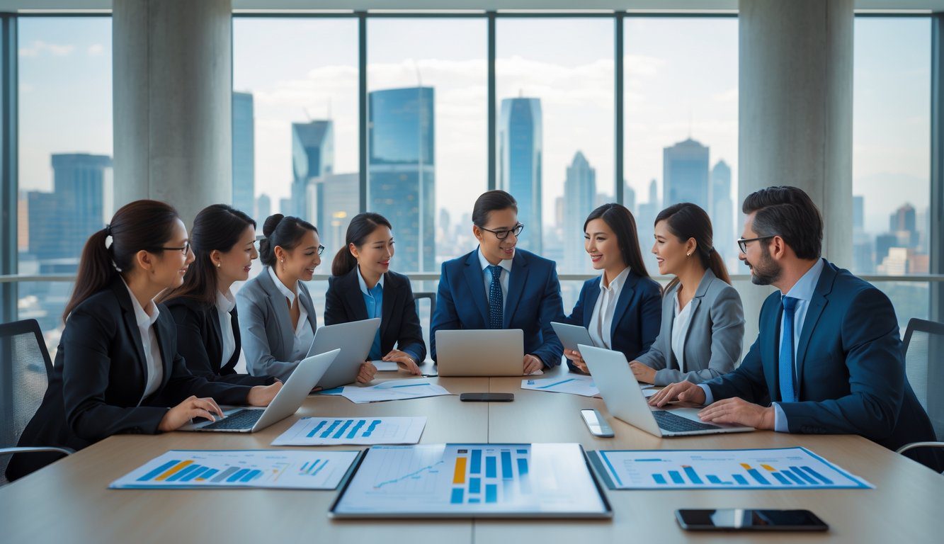 Holding: Cos'è, Come Funziona, Tipologie, Costituzione, Struttura, Gestione, Tassazione, Vantaggi e Svantaggi (2025) 6 Persone in abbigliamento formale riunite attorno a un tavolo da conferenza in un ufficio moderno, impegnate in una discussione strategica.