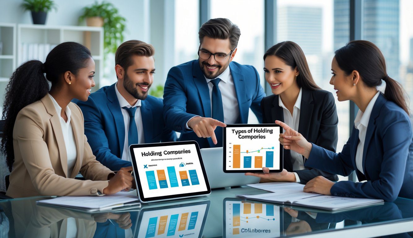 Tipologie Di Holding: Quali Sono, Quante Sono e Quale Scegliere? (2025) 4 Quattro professionisti in ufficio moderno discutono intorno a un tavolo con dispositivi digitali che mostrano grafici e diagrammi.