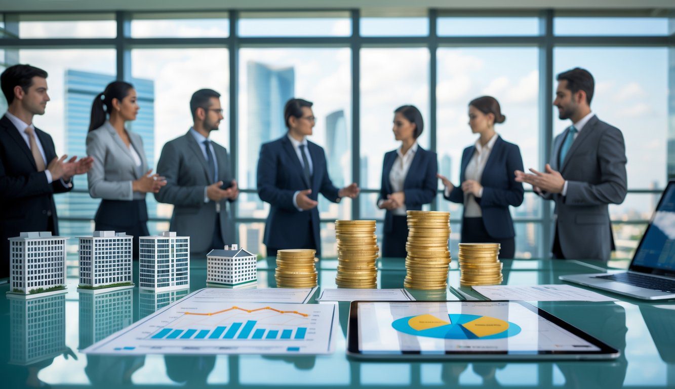 Holding: Cos'è, Come Funziona, Tipologie, Costituzione, Struttura, Gestione, Tassazione, Vantaggi e Svantaggi (2025) 7 Persone d'affari in ufficio moderno che discutono attorno a un tavolo con modelli di edifici, documenti e dispositivi digitali che rappresentano attività e asset di una holding.