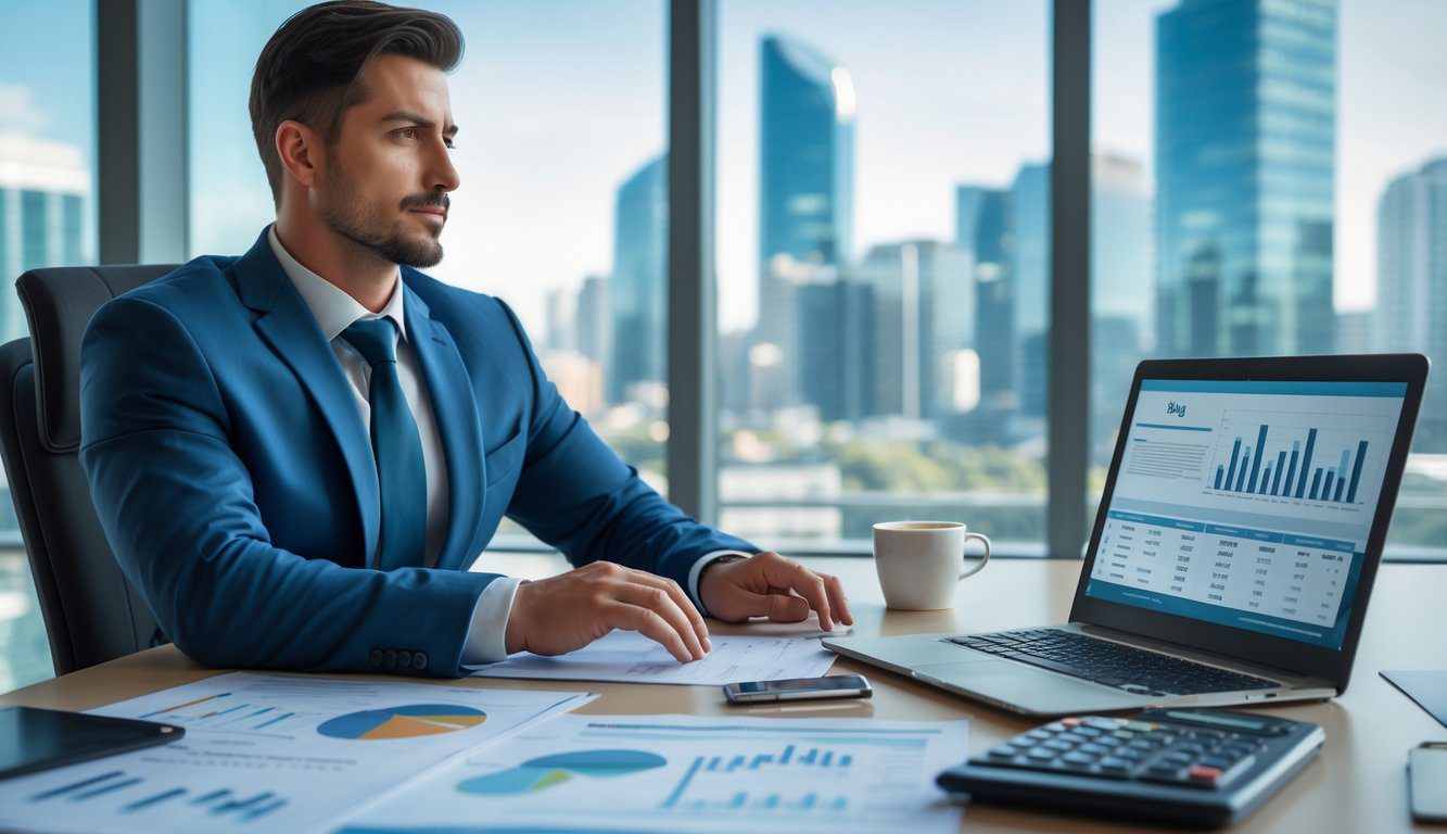 Holding: Cos'è, Come Funziona, Tipologie, Costituzione, Struttura, Gestione, Tassazione, Vantaggi e Svantaggi (2025) 8 Persona d'affari in ufficio che analizza documenti finanziari e grafici su un laptop, con vista su uno skyline cittadino sullo sfondo.