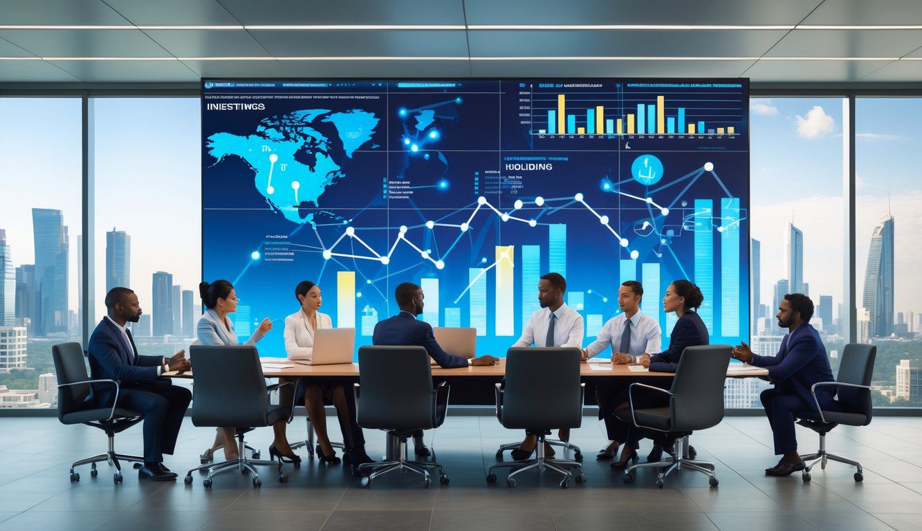 Tipologie Di Holding: Quali Sono, Quante Sono e Quale Scegliere? (2025) 6 Persone in abiti da lavoro sedute attorno a un tavolo di conferenza in un ufficio moderno, con grafici finanziari e dati sullo sfondo.