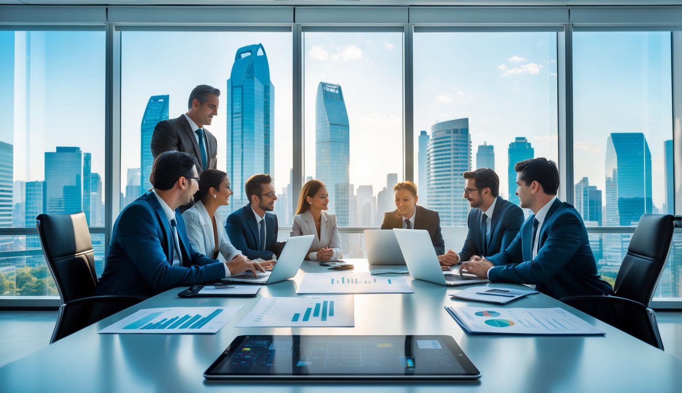 Holding: Cos'è, Come Funziona, Tipologie, Costituzione, Struttura, Gestione, Tassazione, Vantaggi e Svantaggi (2025) 9 Un gruppo di professionisti in un ufficio moderno che discutono insieme attorno a un tavolo con laptop e documenti, con una vista della città sullo sfondo.