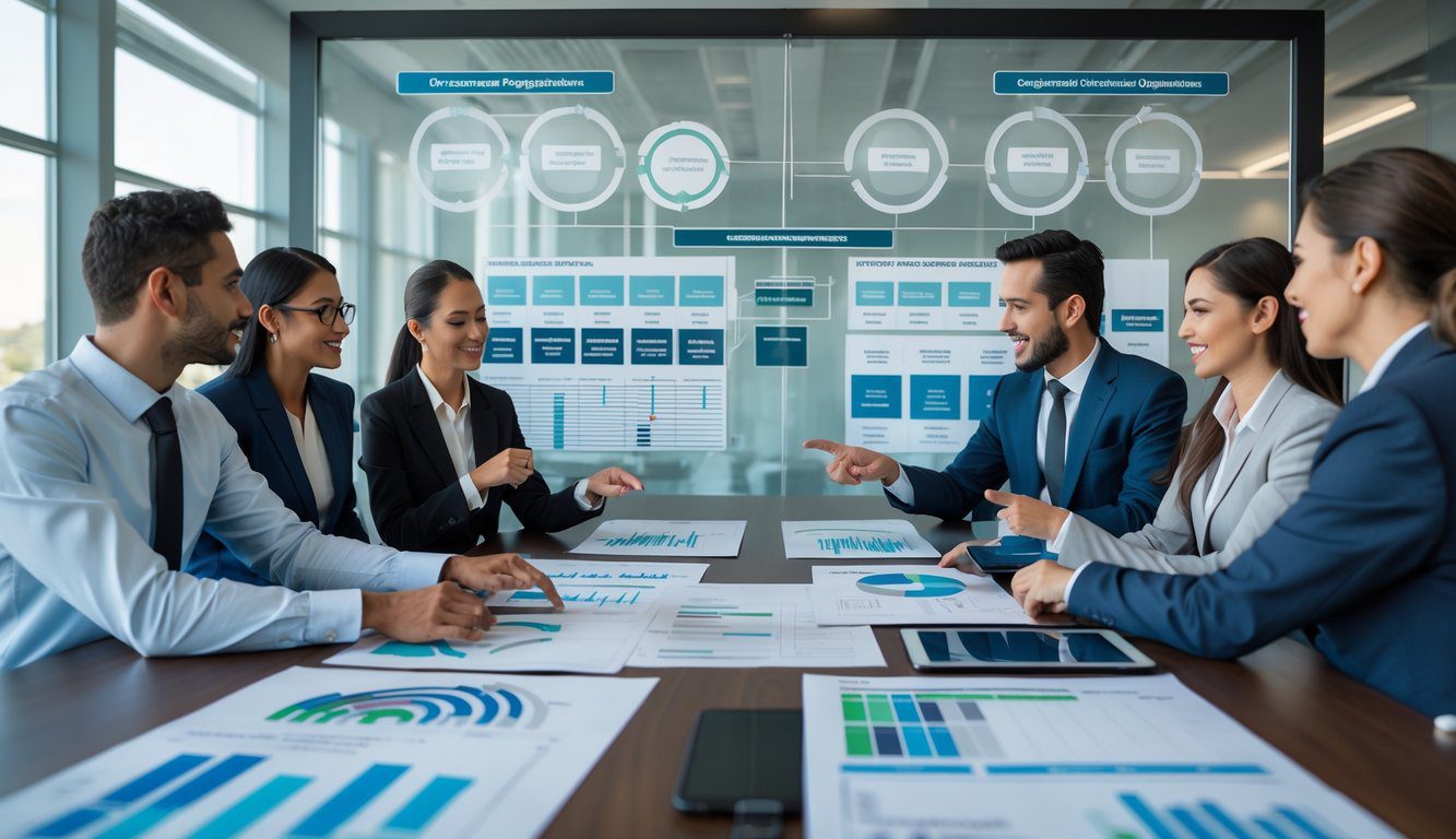 Tipologie Di Holding: Quali Sono, Quante Sono e Quale Scegliere? (2025) 7 Un gruppo di professionisti in abiti formali riuniti attorno a un tavolo da conferenza che discutono e analizzano diagrammi aziendali su documenti e dispositivi digitali in un ufficio moderno con luce naturale.