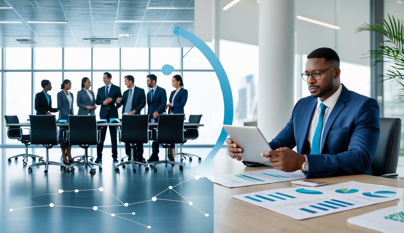 Holding: Cos'è, Come Funziona, Tipologie, Costituzione, Struttura, Gestione, Tassazione, Vantaggi e Svantaggi (2025) 10 Due ambienti d'ufficio con professionisti che rappresentano un gruppo aziendale e un dirigente che rappresenta una holding, con elementi che mostrano la loro connessione e differenze.