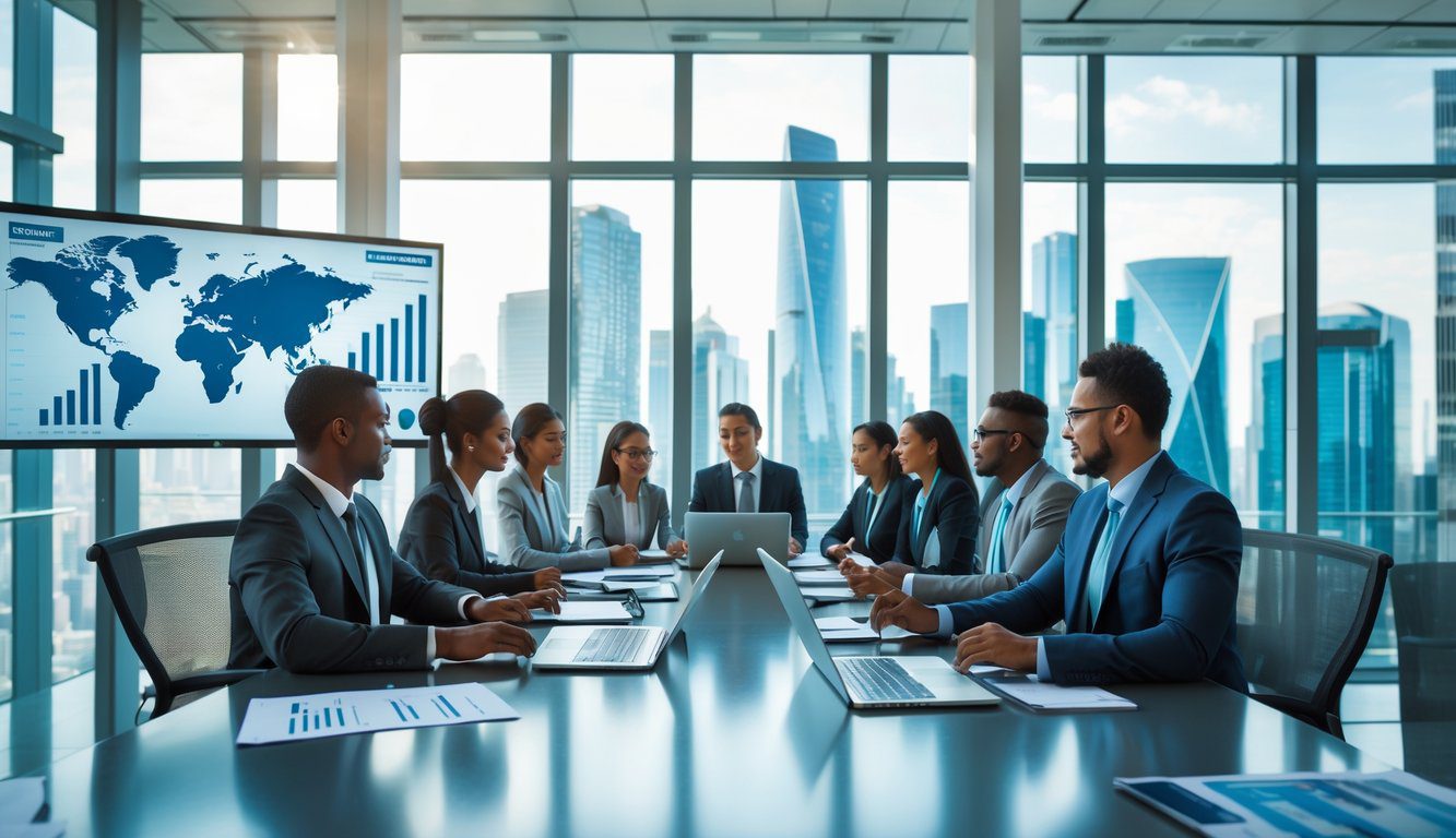 Holding: Cos'è, Come Funziona, Tipologie, Costituzione, Struttura, Gestione, Tassazione, Vantaggi e Svantaggi (2025) 11 Persone d'affari riunite in una sala conferenze moderna con vista sulla città, che discutono di affari.