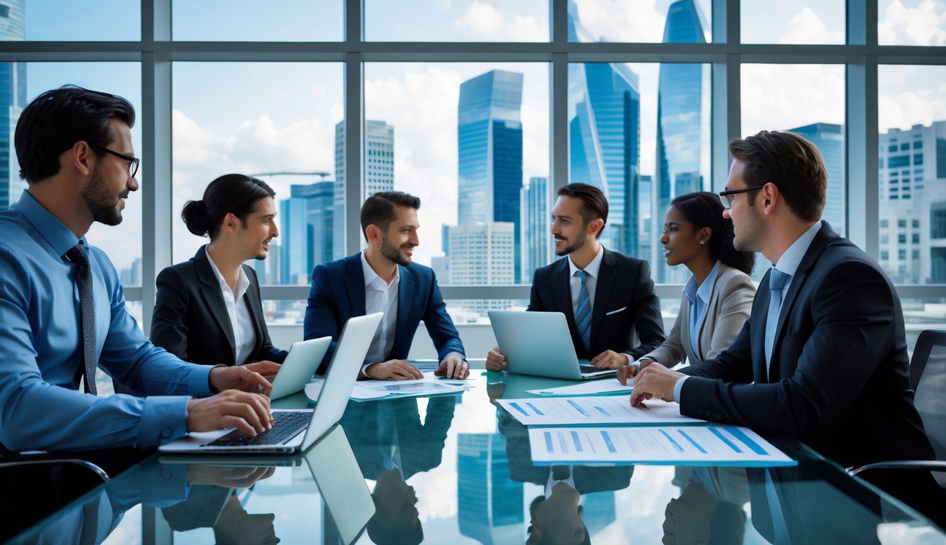 Holding: Cos'è, Come Funziona, Tipologie, Costituzione, Struttura, Gestione, Tassazione, Vantaggi e Svantaggi (2025) 12 Un gruppo di professionisti in abiti formali riuniti attorno a un tavolo in un ufficio moderno con vista su una città con grattacieli.