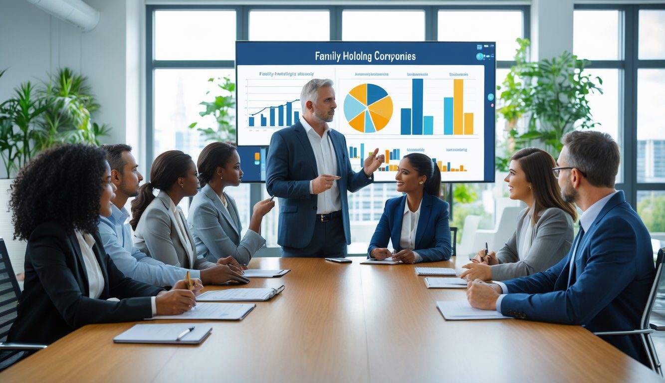 Tipologie Di Holding: Quali Sono, Quante Sono e Quale Scegliere? (2025) 9 Un gruppo di professionisti in una sala riunioni che discutono insieme attorno a un tavolo in un ufficio moderno.
