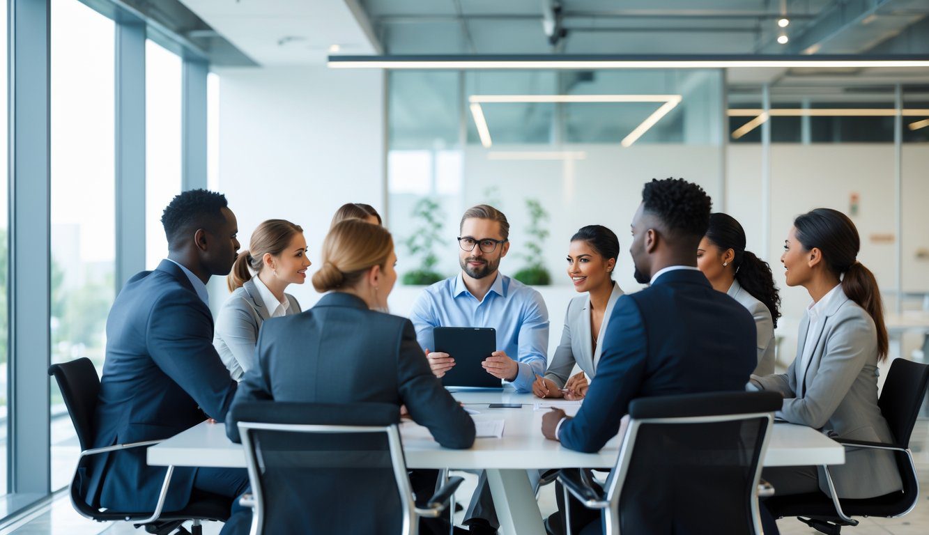 Holding: Cos'è, Come Funziona, Tipologie, Costituzione, Struttura, Gestione, Tassazione, Vantaggi e Svantaggi (2025) 13 Un gruppo di professionisti in abiti da lavoro che discutono insieme attorno a un tavolo in un ufficio moderno e luminoso.