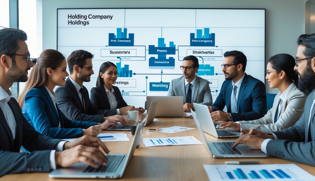Tipologie Di Holding: Quali Sono, Quante Sono e Quale Scegliere? (2025) 10 Un gruppo di professionisti in ufficio che discutono e collaborano attorno a un tavolo con documenti e laptop, mentre sullo sfondo si vedono grafici astratti che rappresentano strutture aziendali.