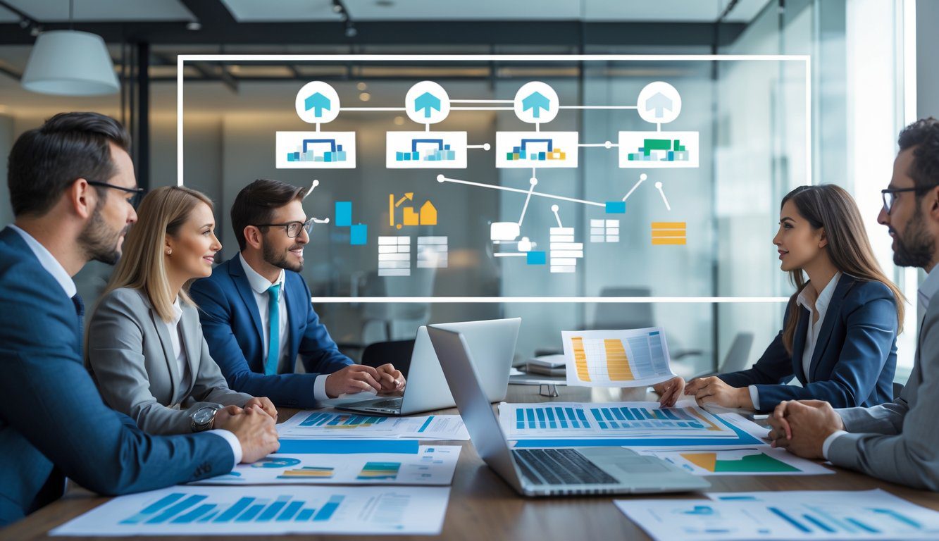 Tipologie Di Holding: Quali Sono, Quante Sono e Quale Scegliere? (2025) 11 Persone in ufficio che discutono di diverse strutture societarie con grafici e documenti su un tavolo.