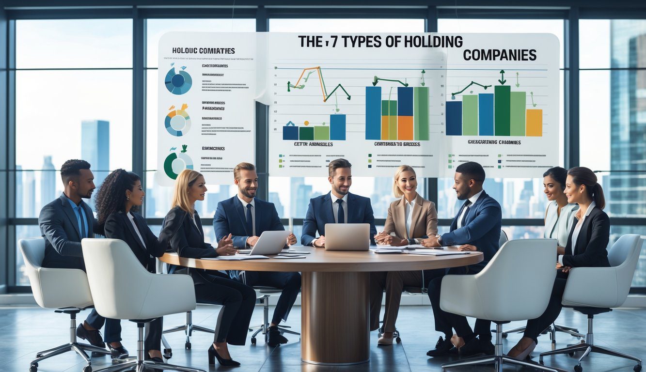 Tipologie Di Holding: Quali Sono, Quante Sono e Quale Scegliere? (2025) 12 Un gruppo di professionisti in una riunione in un ufficio moderno con vista sulla città, con grafici e documenti sul tavolo.