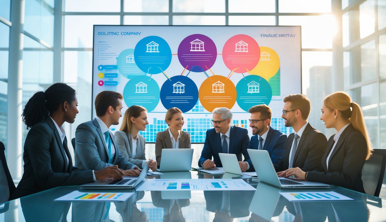 Tipologie Di Holding: Quali Sono, Quante Sono e Quale Scegliere? (2025) 13 Persone d'affari che collaborano in un ufficio moderno con grafici e dispositivi digitali su un tavolo.